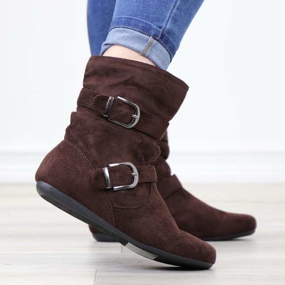 Shoes - Brown No Heel Flat Boots Round Toe Above Ankle Booties Faux Suede